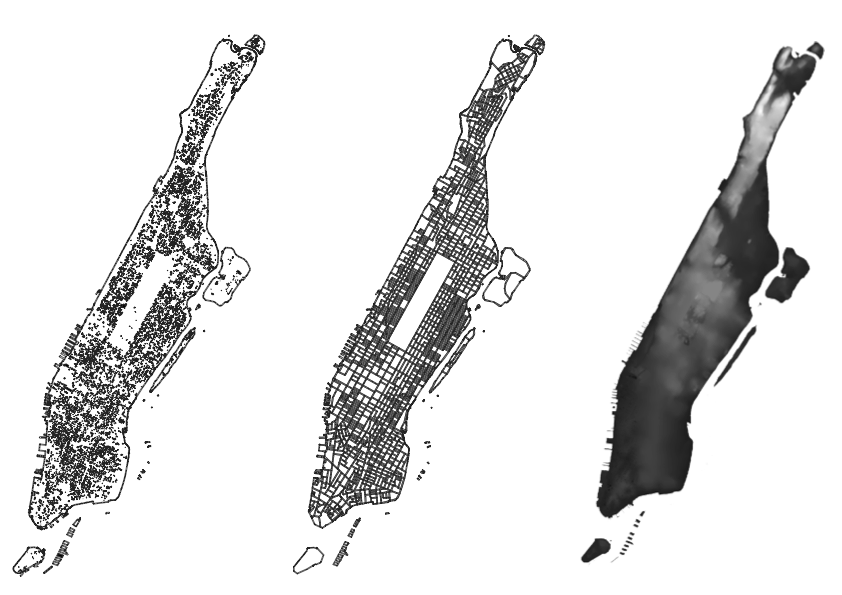 Manhattan Building Database — 3-panel map showing building footprints, block boundaries, and elevation data