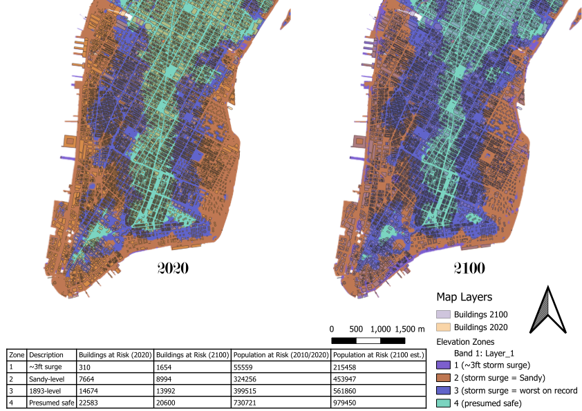 Manhattan 2020 vs 2100 storm surge analysis — buildings and population at risk by elevation zone